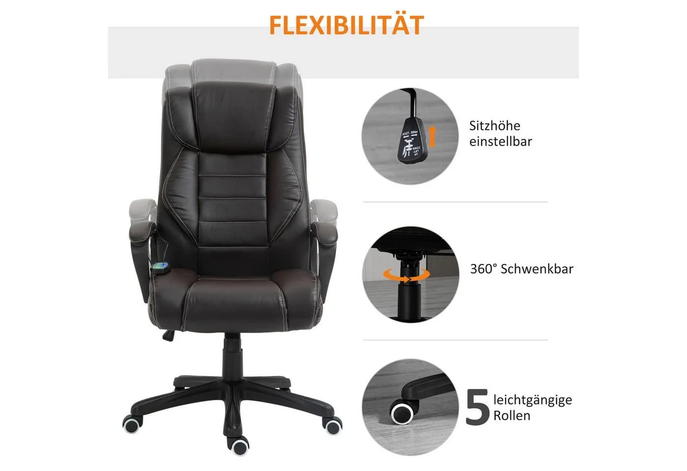 Vinsetto Bürostuhl mit Massagefunktion Kunstleder Braun - Bild 5