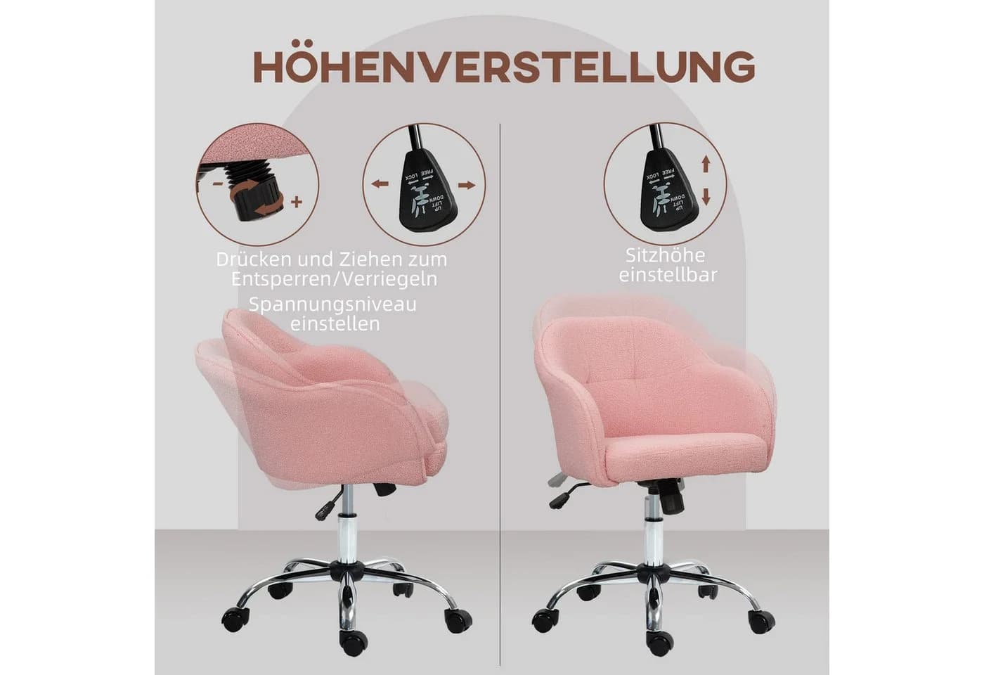 HOMCOM Bürostuhl höhenverstellbarer, mit Wippfunktion, Teddysamtoptik, Rosa - Bild 4