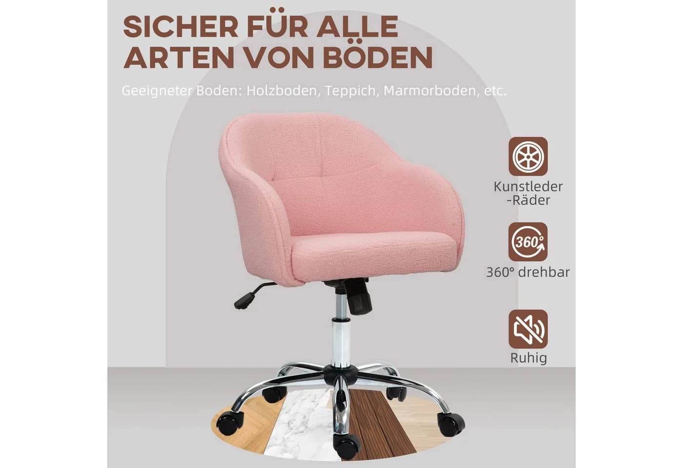 HOMCOM Bürostuhl höhenverstellbarer, mit Wippfunktion, Teddysamtoptik, Rosa - Bild 5