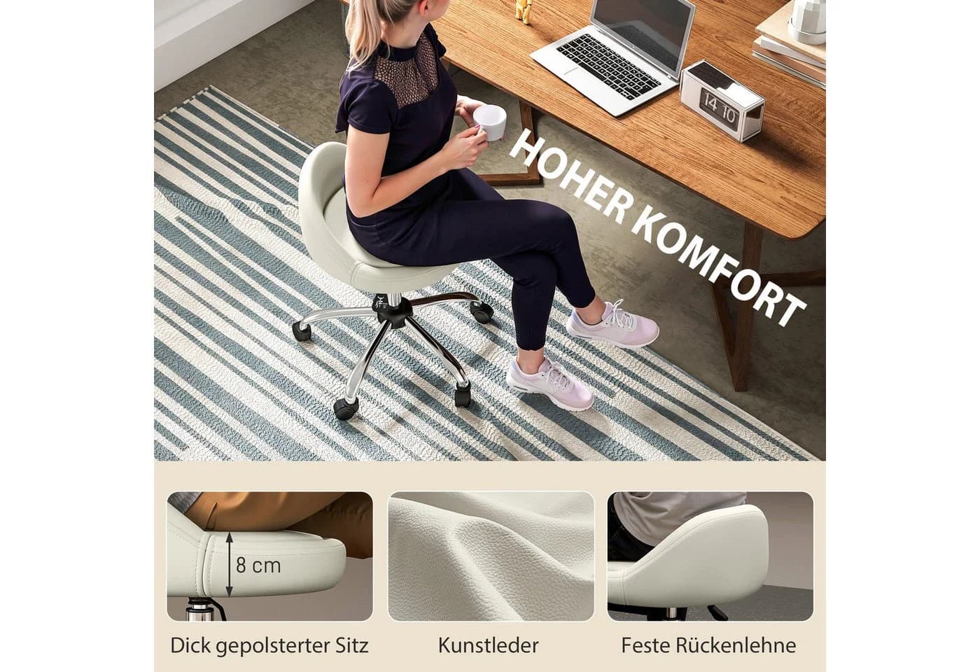 HOMCOM Weißer höhenverstellbarer Rollsitz mit Rollen - Bild 5