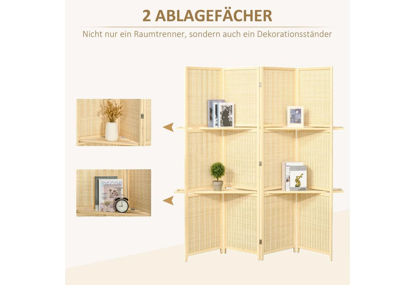 HOMCOM Paravent 4-teilig Raumtrenner aus Bambus Kiefernholz - Bild 4
