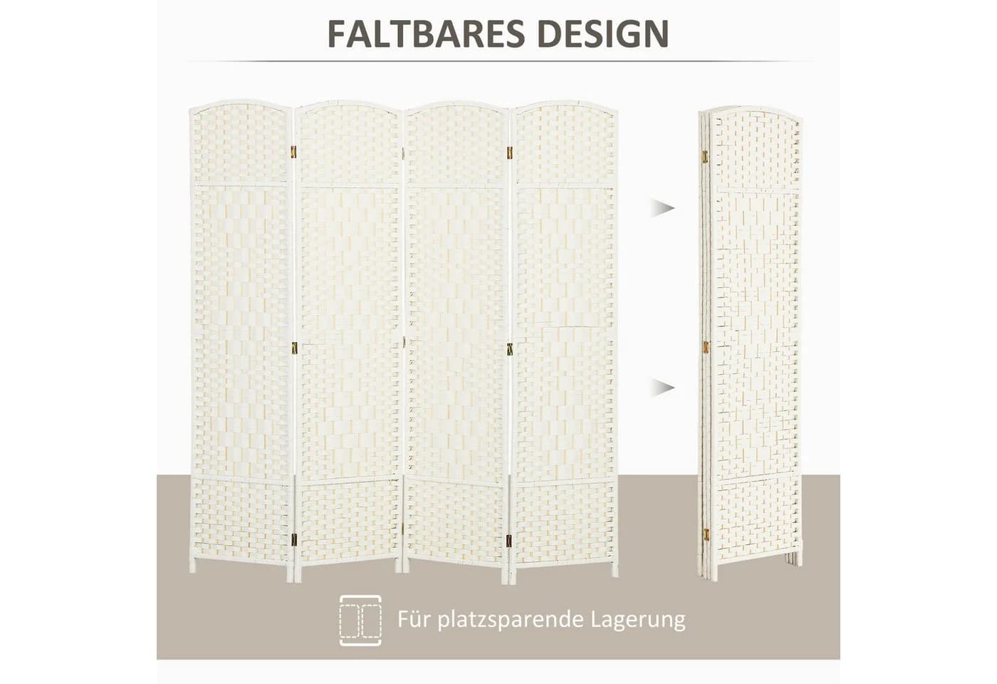 HOMCOM Paravent 4-teilig Raumteiler Polypropylen Kiefernholz Weiß - Bild 4