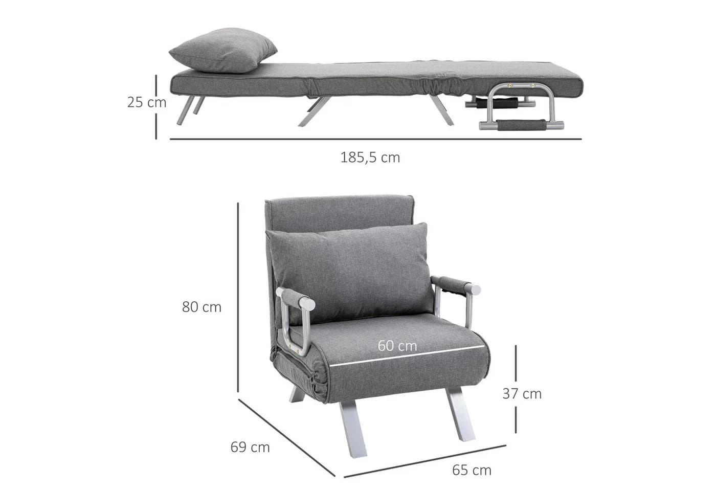 HOMCOM Schlafsofa 3 in 1 Schlafsessel Grau Metall - Bild 3