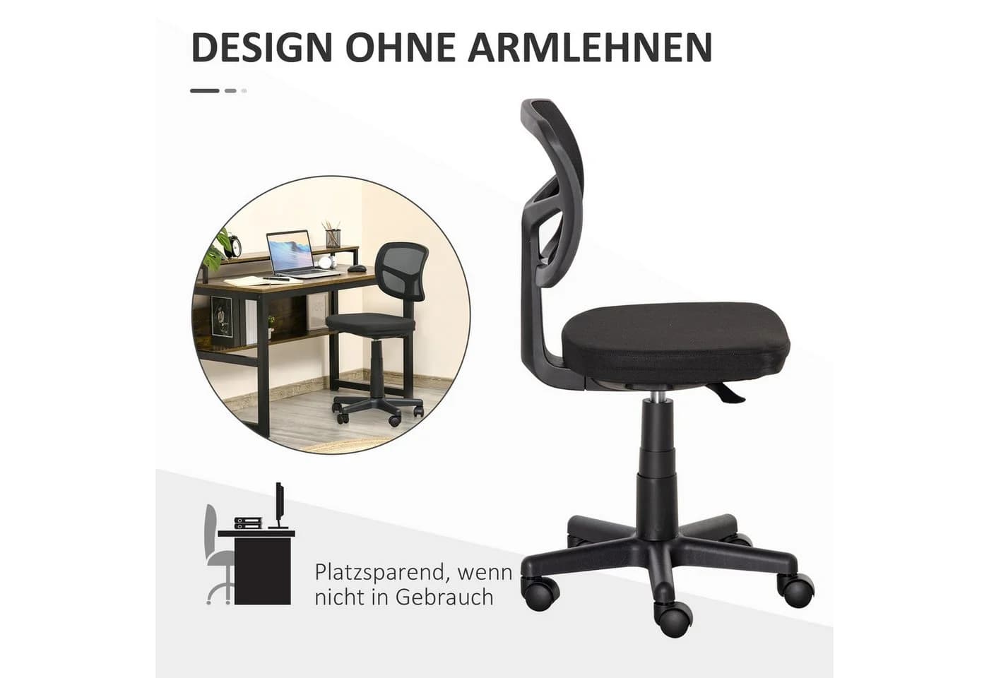 Vinsetto Bürostuhl Höhenverstellbar Platzsparend Gepolstert Ergonomischer Schreibtischstuhl Schwarz - Bild 5