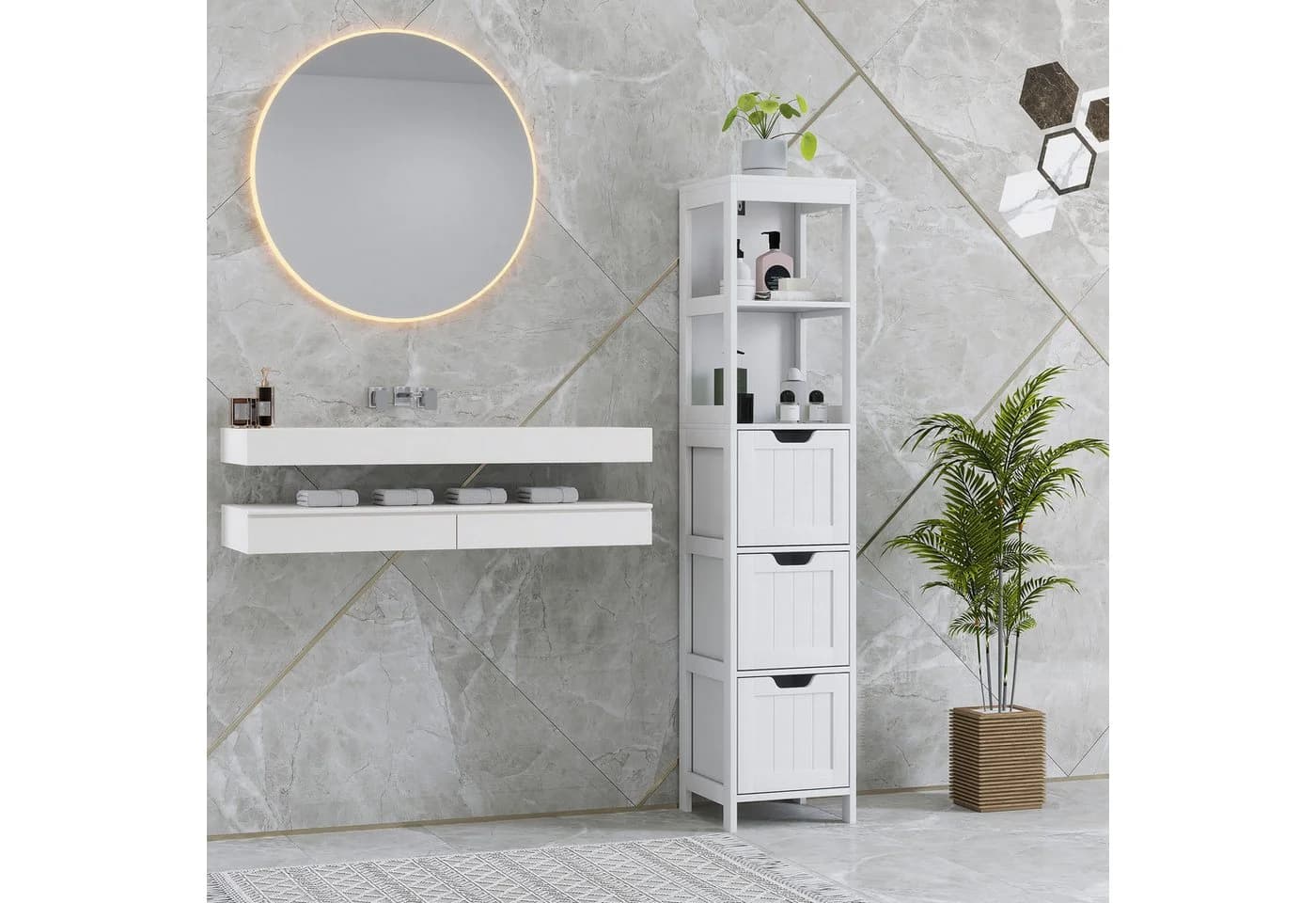 HOMCOM Hochschrank Weiß Retro mit 3 Schubladen und 2 Fächern - Bild 2
