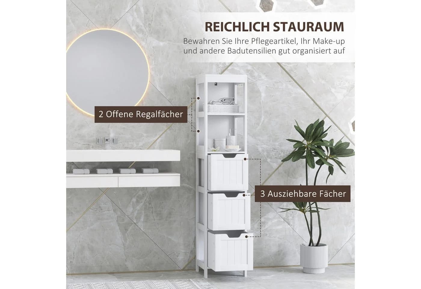 HOMCOM Hochschrank Weiß Retro mit 3 Schubladen und 2 Fächern - Bild 4
