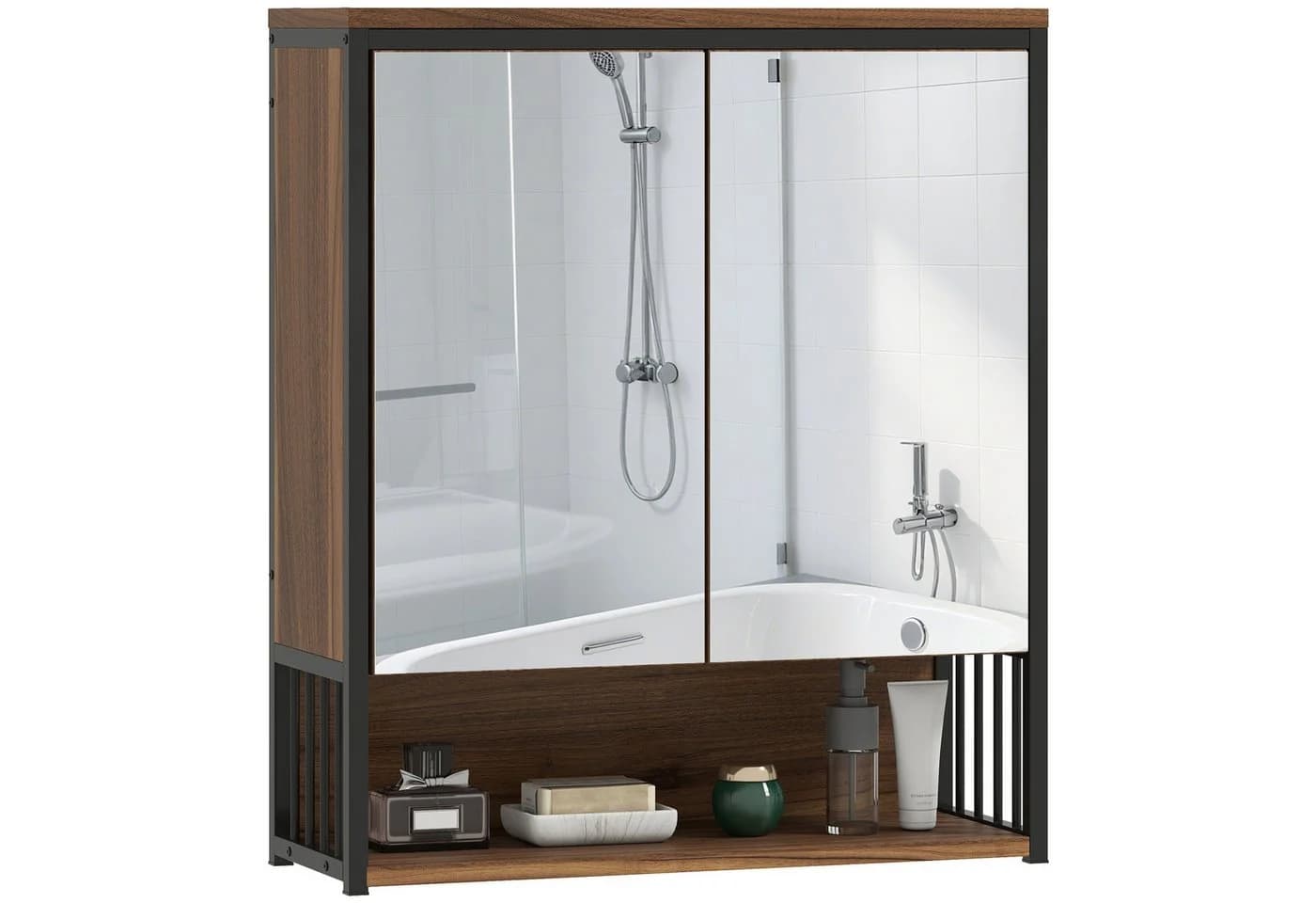 HOMCOM Spiegelschrank Braun mit Soft-Close Tür und Regalen
