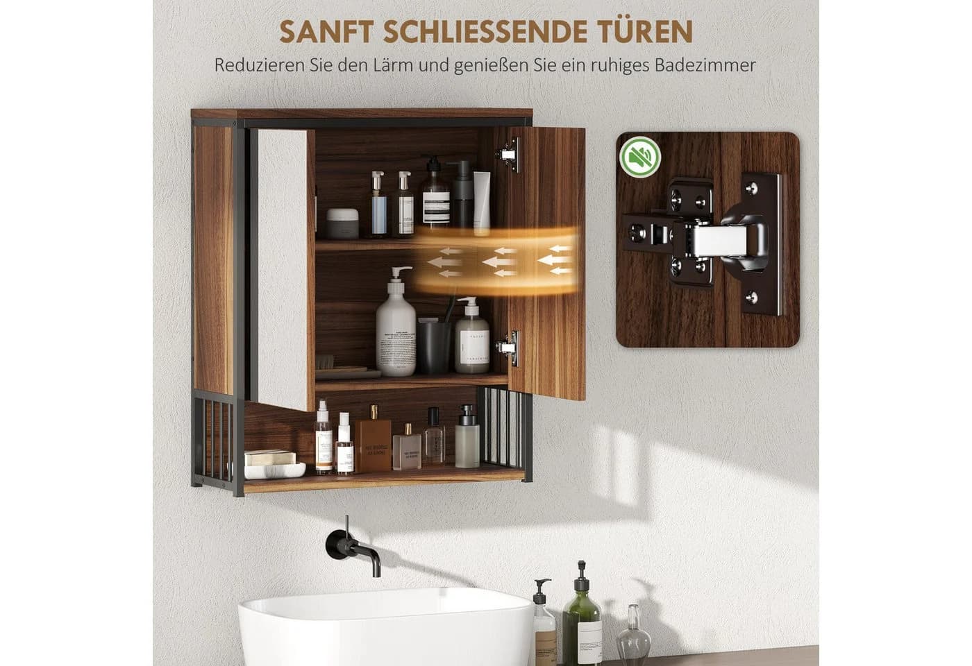 HOMCOM Spiegelschrank Braun mit Soft-Close Tür und Regalen - Bild 4