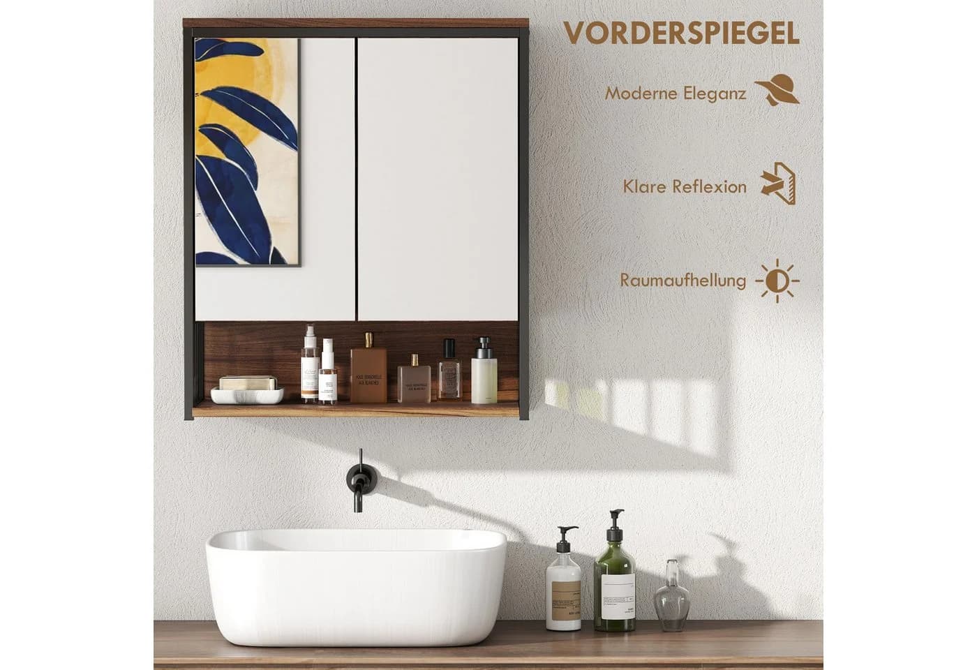 HOMCOM Spiegelschrank Braun mit Soft-Close Tür und Regalen - Bild 5
