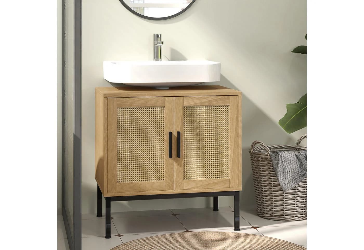 Kleankin Waschbeckenunterschrank mit Rattanoptik Beige - Bild 2