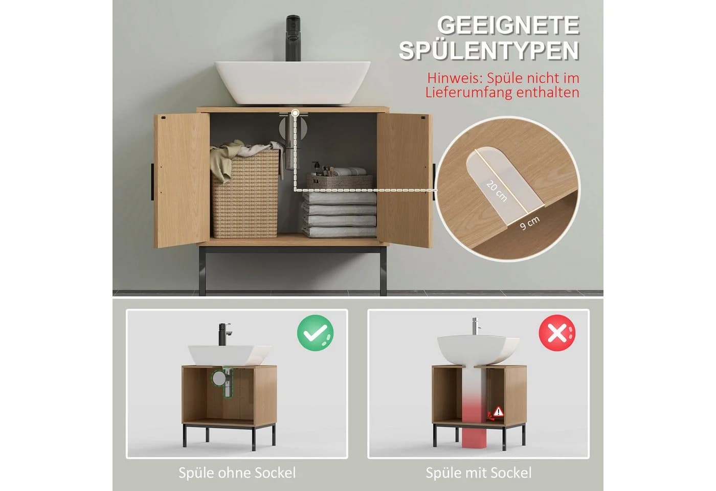 Kleankin Waschbeckenunterschrank mit Rattanoptik Beige - Bild 4