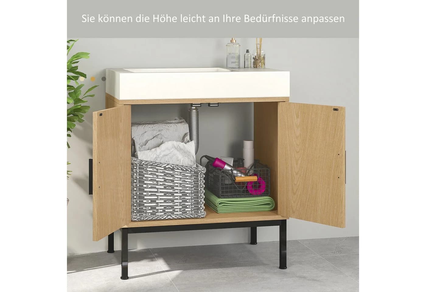 Kleankin Waschbeckenunterschrank mit Rattanoptik Beige - Bild 5