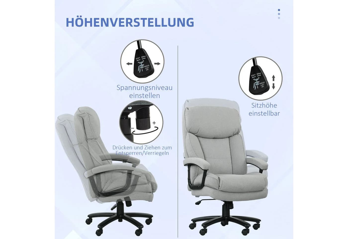HOMCOM Bürostuhl Ergonomisch mit Wippfunktion Hellgrau Bis 200 kg - Bild 5