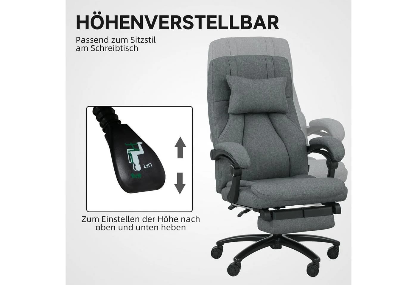 Vinsetto Schreibtischstuhl Bürostuhl mit Massagefunktion, Kopfstütze mit USB-Schnittstelle, Dunkelgrau - Bild 4