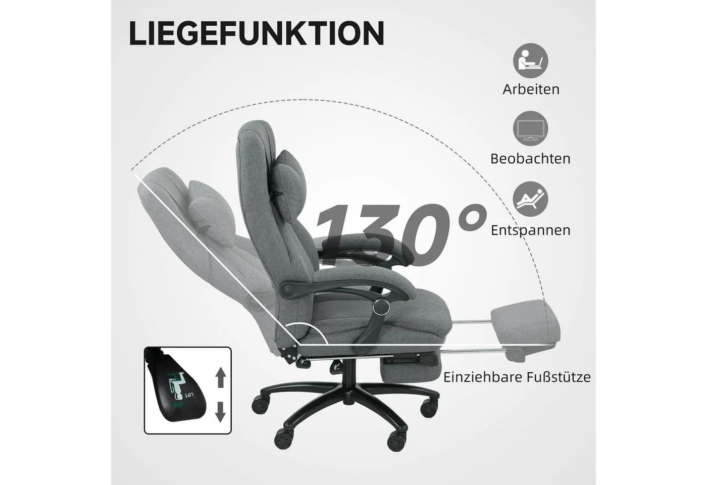 Vinsetto Schreibtischstuhl Bürostuhl mit Massagefunktion, Kopfstütze mit USB-Schnittstelle, Dunkelgrau - Bild 5