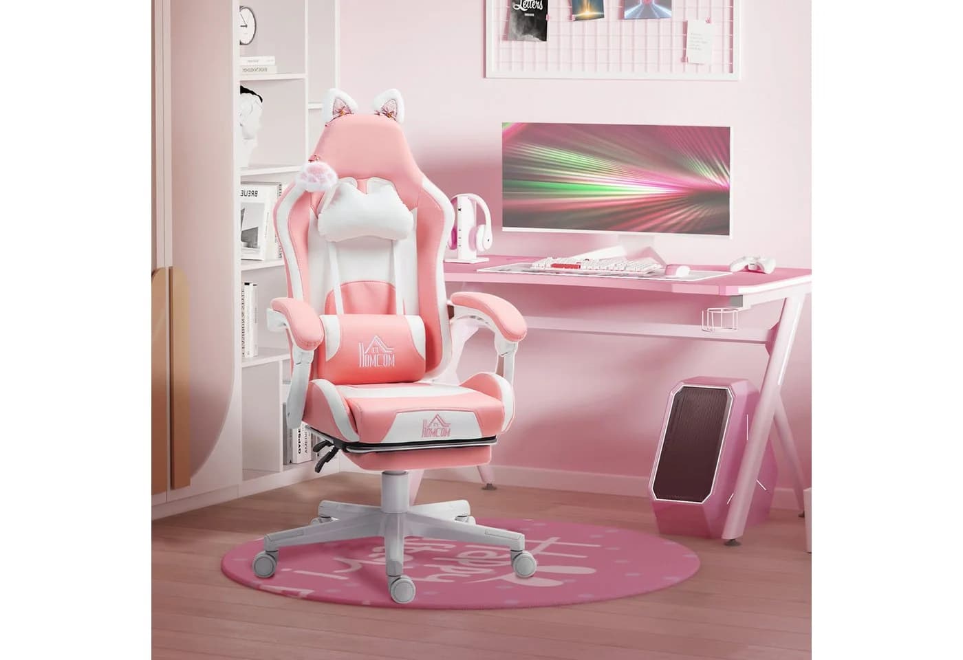 HOMCOM Gaming-Stuhl Rosa mit Katzenohren, Fußstütze und Liegefunktion