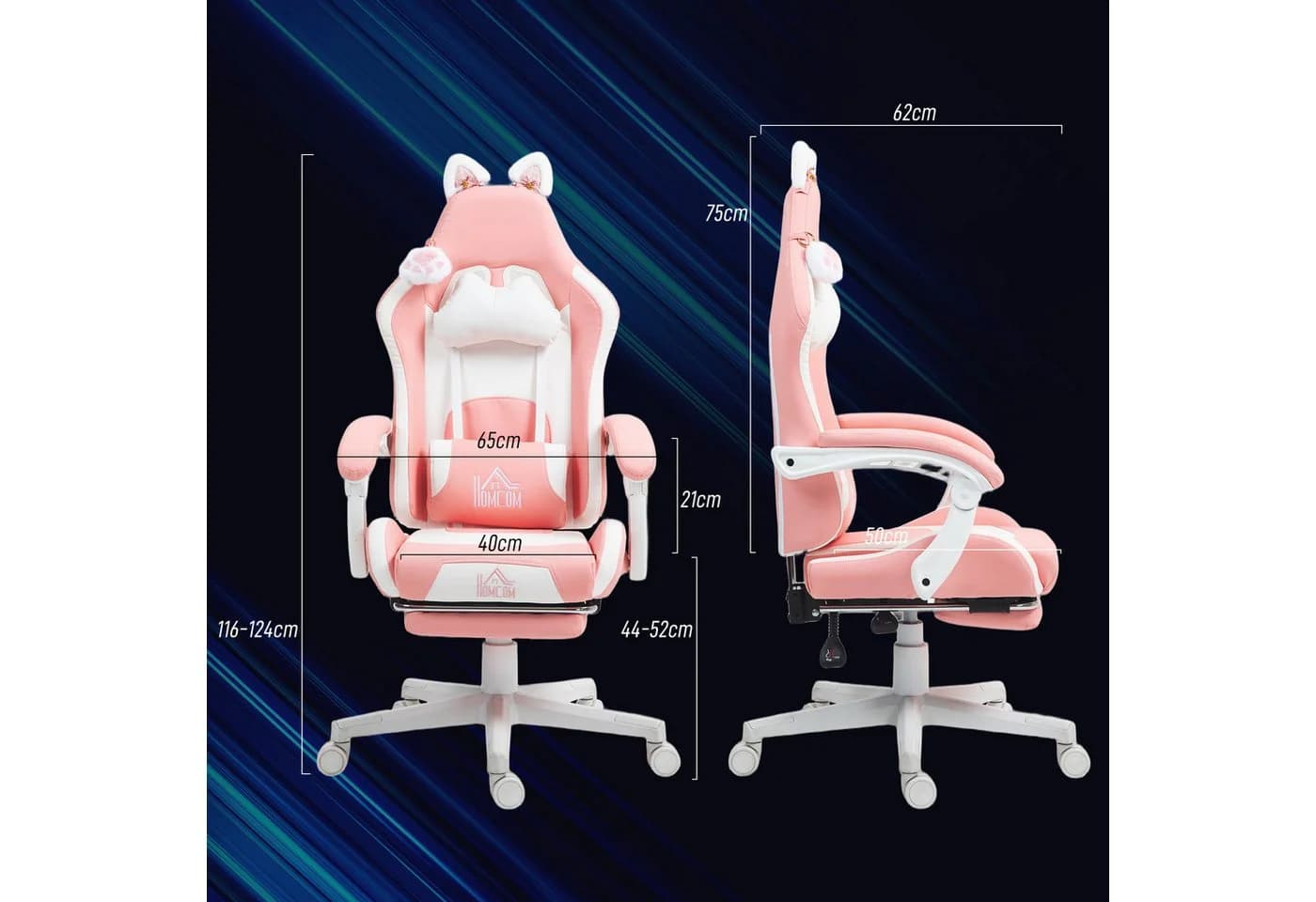 HOMCOM Gaming-Stuhl Rosa mit Katzenohren, Fußstütze und Liegefunktion - Bild 3