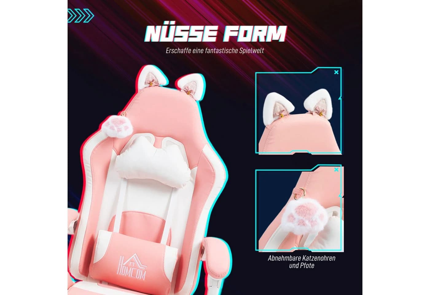 HOMCOM Gaming-Stuhl Rosa mit Katzenohren, Fußstütze und Liegefunktion - Bild 4