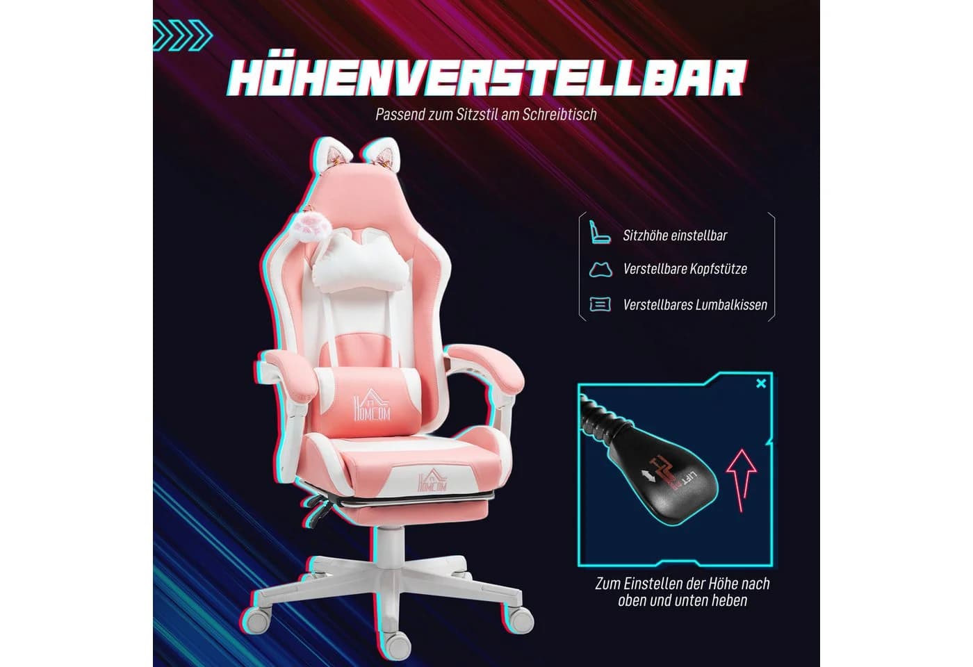 HOMCOM Gaming-Stuhl Rosa mit Katzenohren, Fußstütze und Liegefunktion - Bild 5