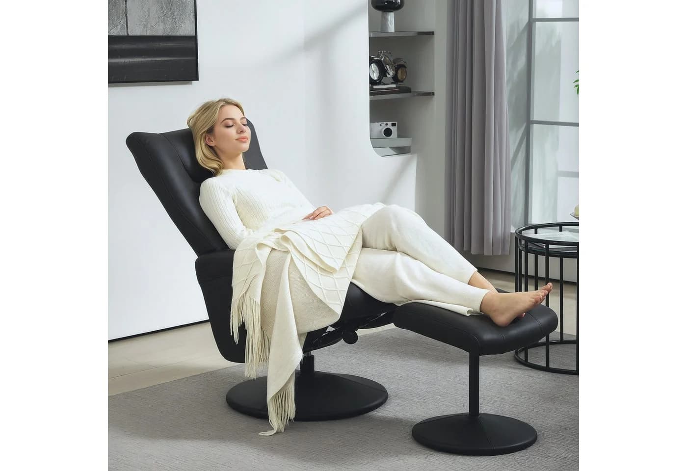 HOMCOM Relaxsessel mit Hocker 360° Drehbar Schwarz Kunstleder - Bild 2