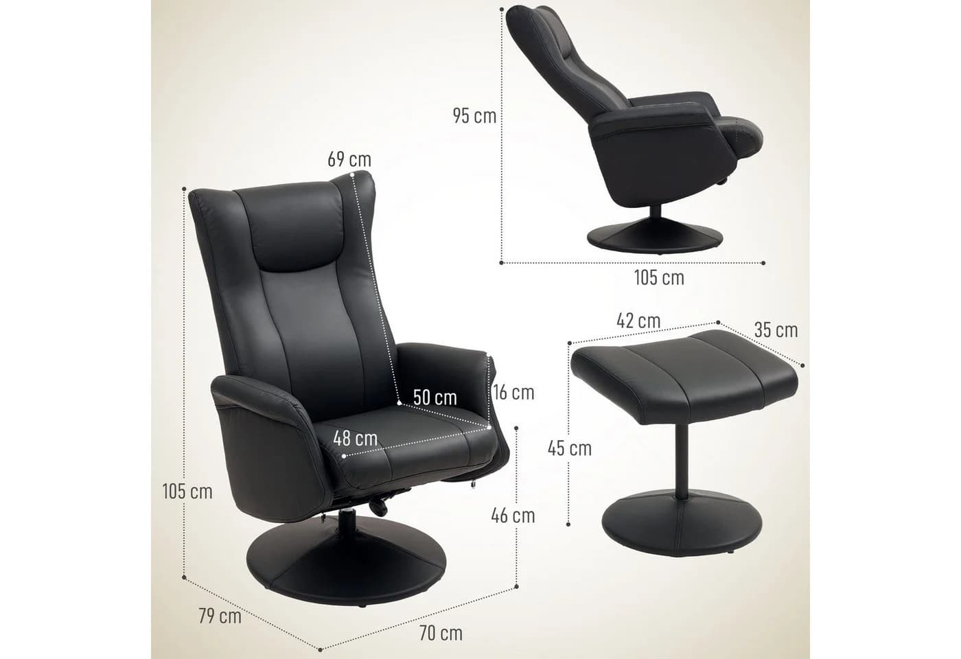 HOMCOM Relaxsessel mit Hocker 360° Drehbar Schwarz Kunstleder - Bild 3