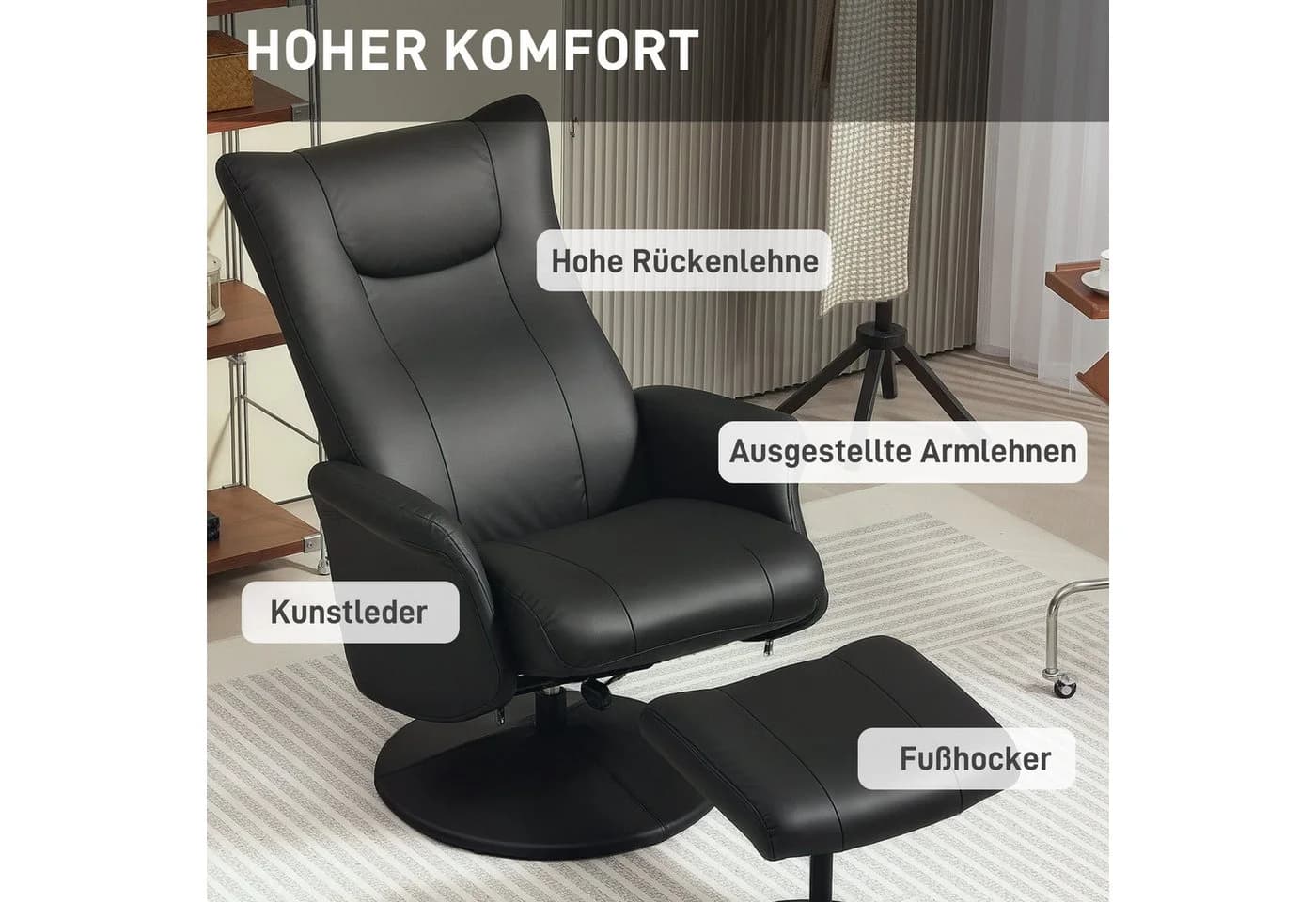 HOMCOM Relaxsessel mit Hocker 360° Drehbar Schwarz Kunstleder - Bild 5