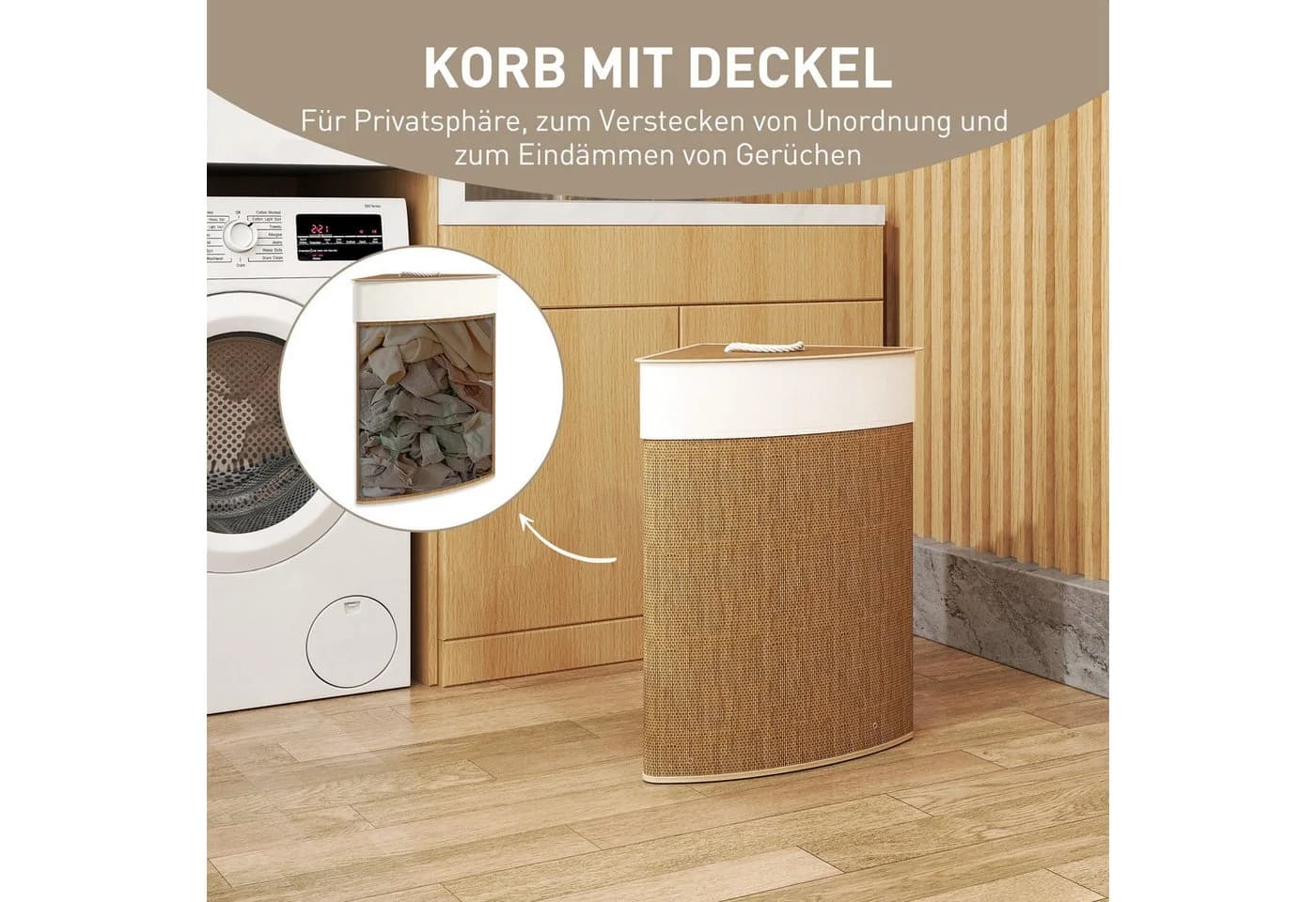 HOMCOM Eckwäschekorb 55L Bambus mit Deckel und waschbarem Beutel - Bild 5