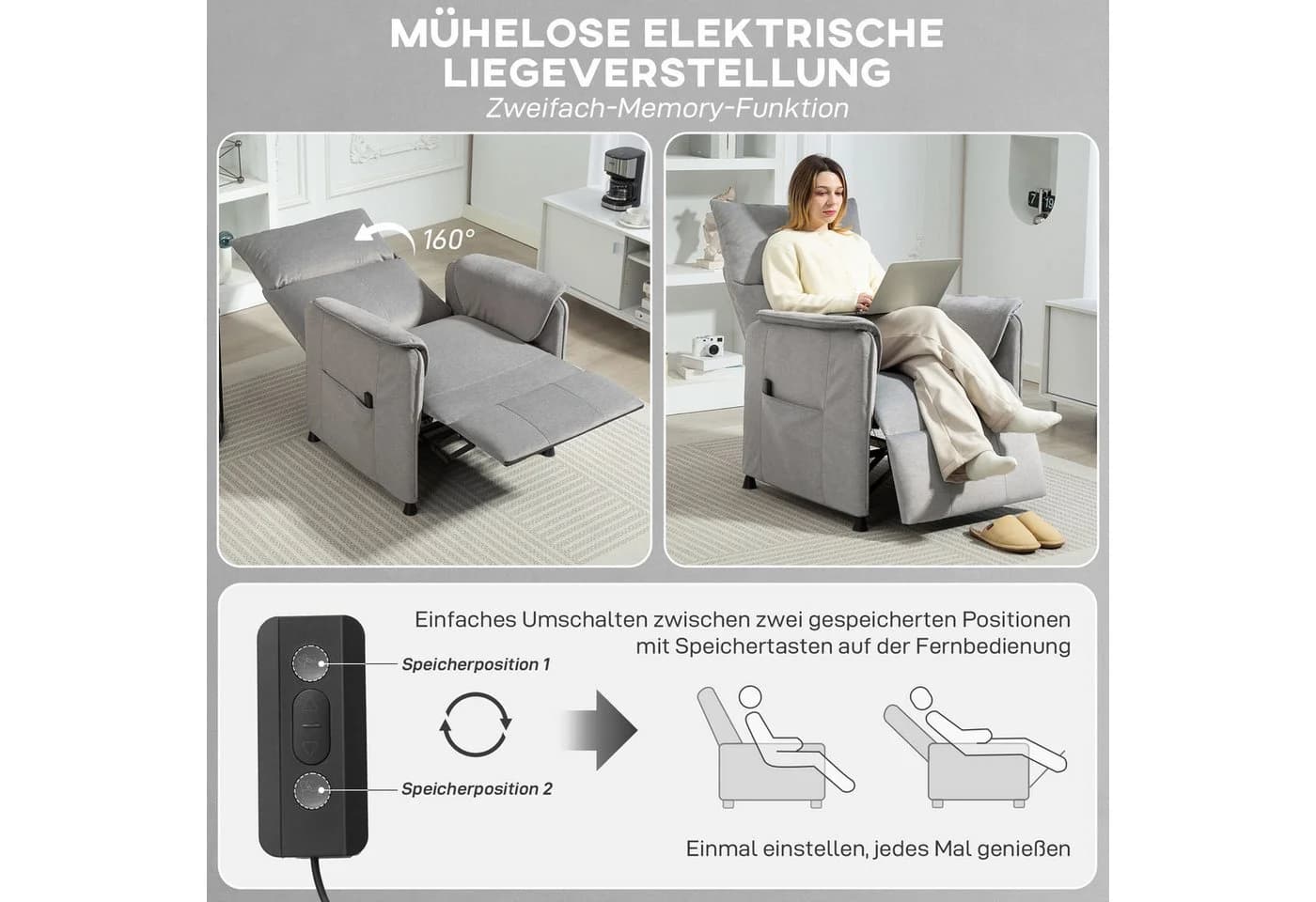 HOMCOM Elektrischer Relaxsessel Grau Samtimitat mit Liegefunktion - Bild 5