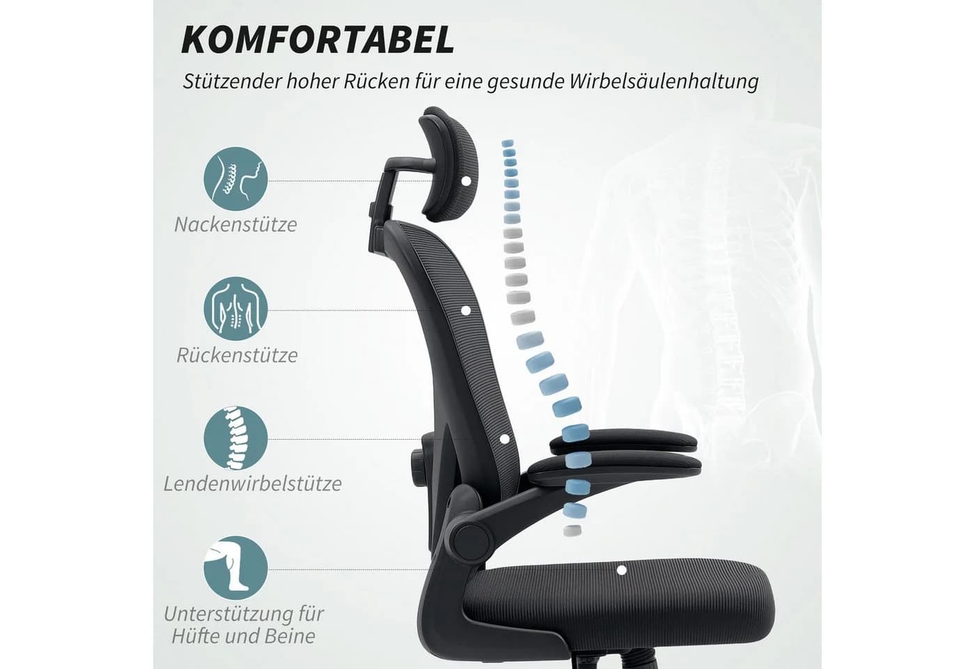 HOMCOM Bürostuhl Schwarz mit verstellbarer Kopfstütze und Lendenwirbelstütze - Bild 4