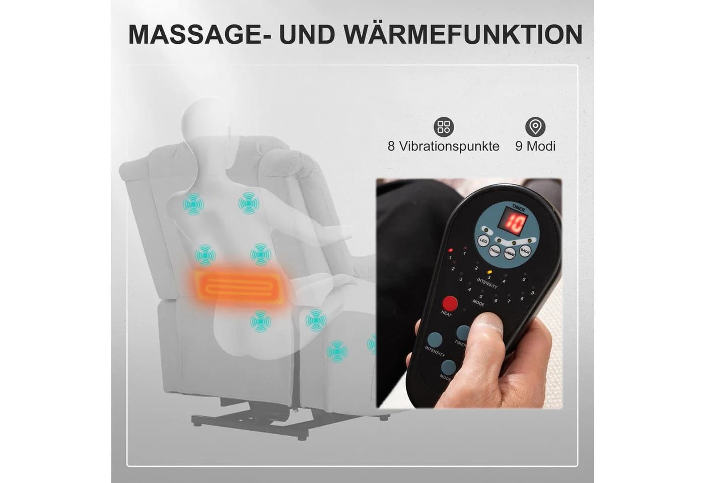HOMCOM Relaxsessel mit Aufstehhilfe, Massage & Heizung, Grau - Bild 5