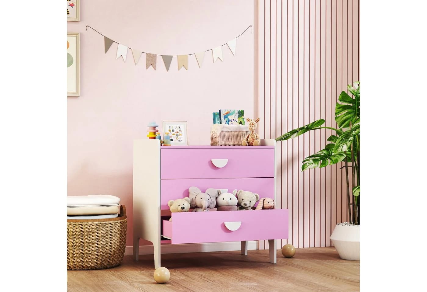 AIYAPLAY Kommode mit 3 Schubladen Rosa Weiß - Bild 2