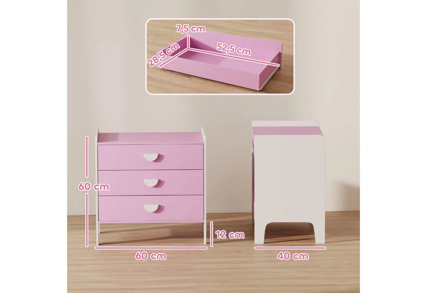 AIYAPLAY Kommode mit 3 Schubladen Rosa Weiß - Bild 3