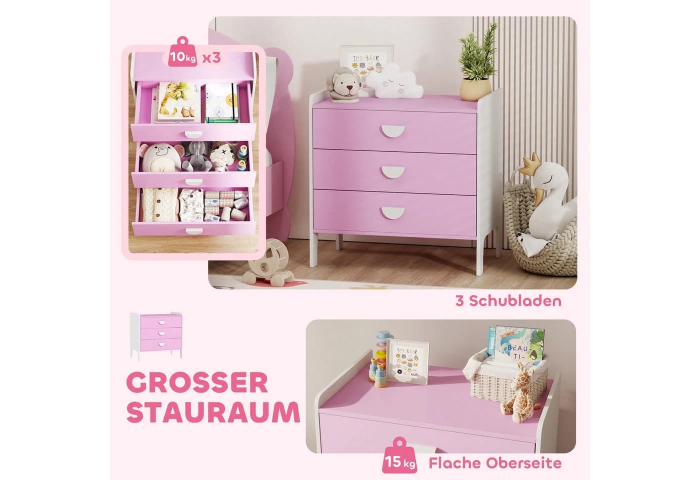 AIYAPLAY Kommode mit 3 Schubladen Rosa Weiß - Bild 4