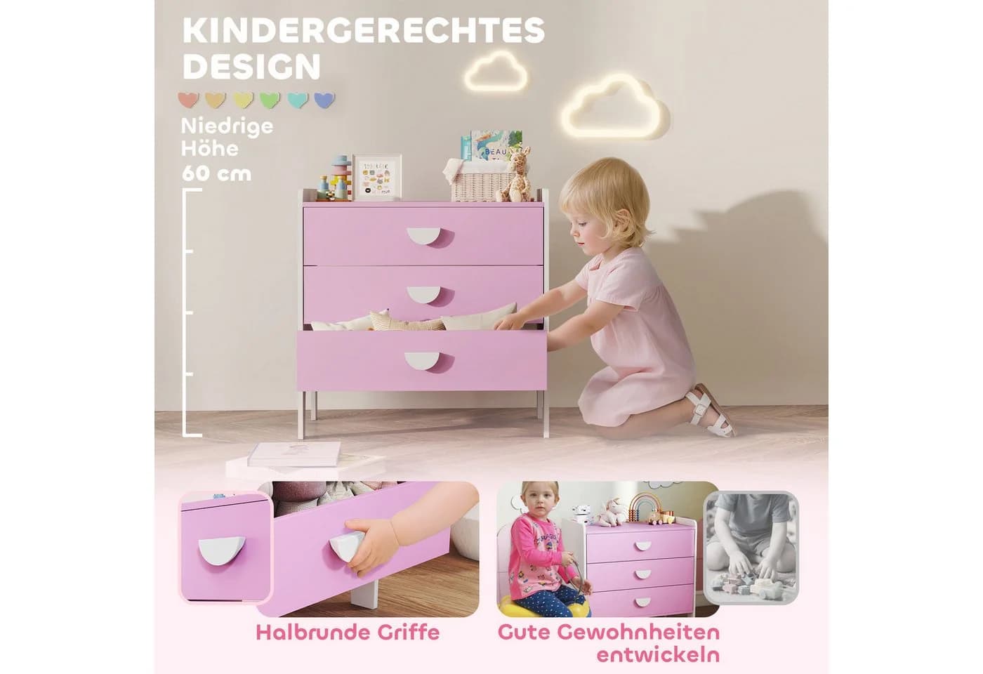 AIYAPLAY Kommode mit 3 Schubladen Rosa Weiß - Bild 5