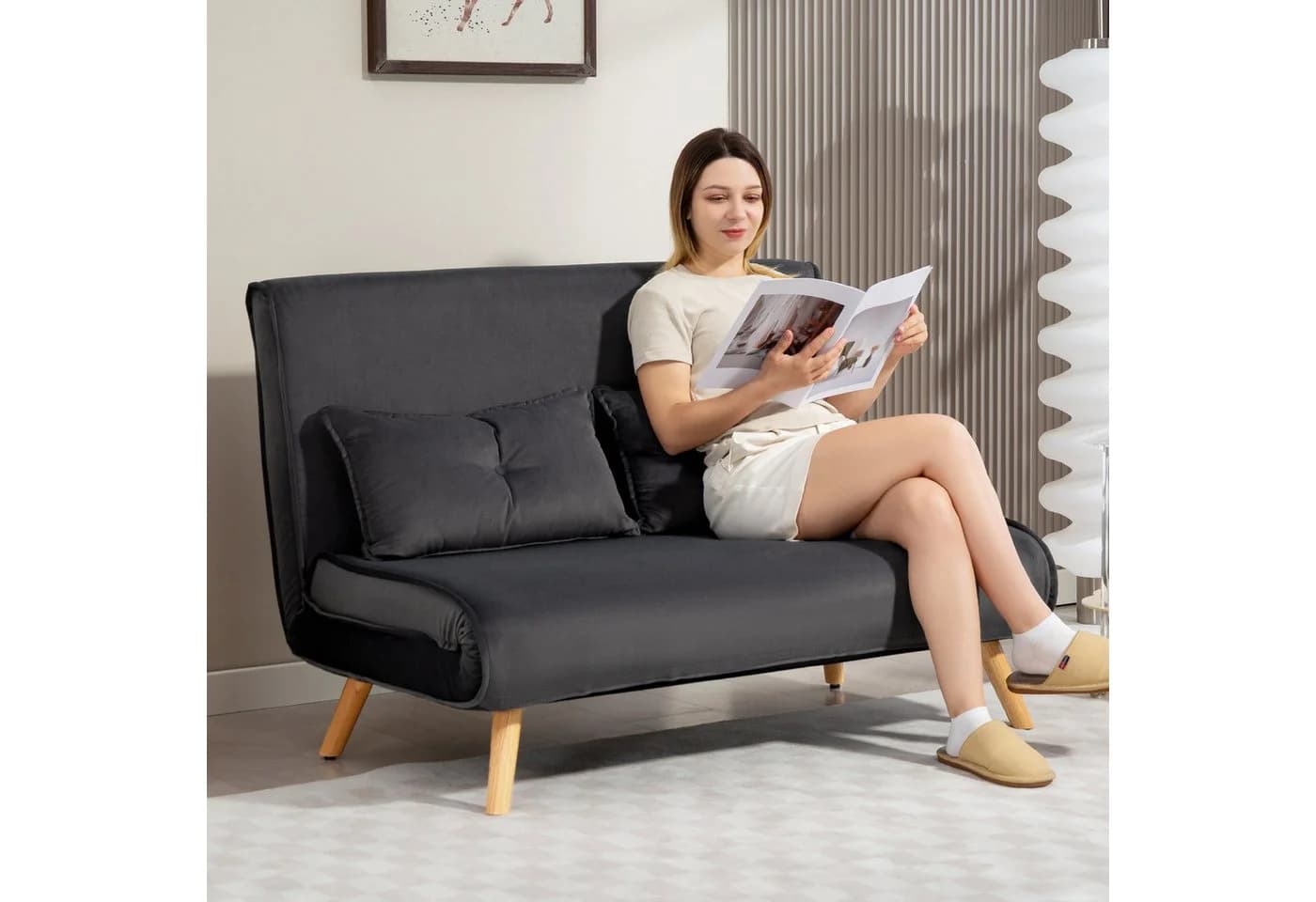 HOMCOM Schlafsofa 2 Sitzer Sofa mit 5-stufig Verstellbarer Rückenlehne, Lendenkissen, Schlafcouch 190 x 120 cm, für Wohnzimmer, Dunkelgrau - Bild 2