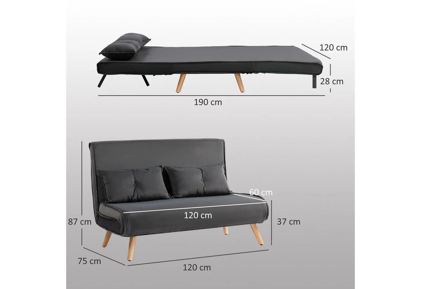 HOMCOM Schlafsofa 2 Sitzer Sofa mit 5-stufig Verstellbarer Rückenlehne, Lendenkissen, Schlafcouch 190 x 120 cm, für Wohnzimmer, Dunkelgrau - Bild 3