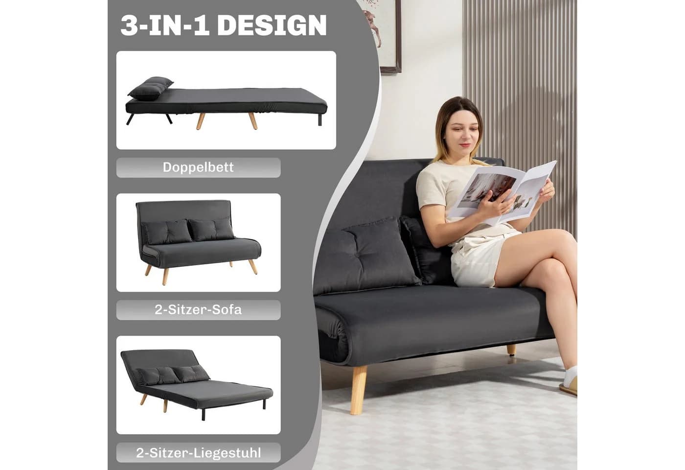 HOMCOM Schlafsofa 2 Sitzer Sofa mit 5-stufig Verstellbarer Rückenlehne, Lendenkissen, Schlafcouch 190 x 120 cm, für Wohnzimmer, Dunkelgrau - Bild 4