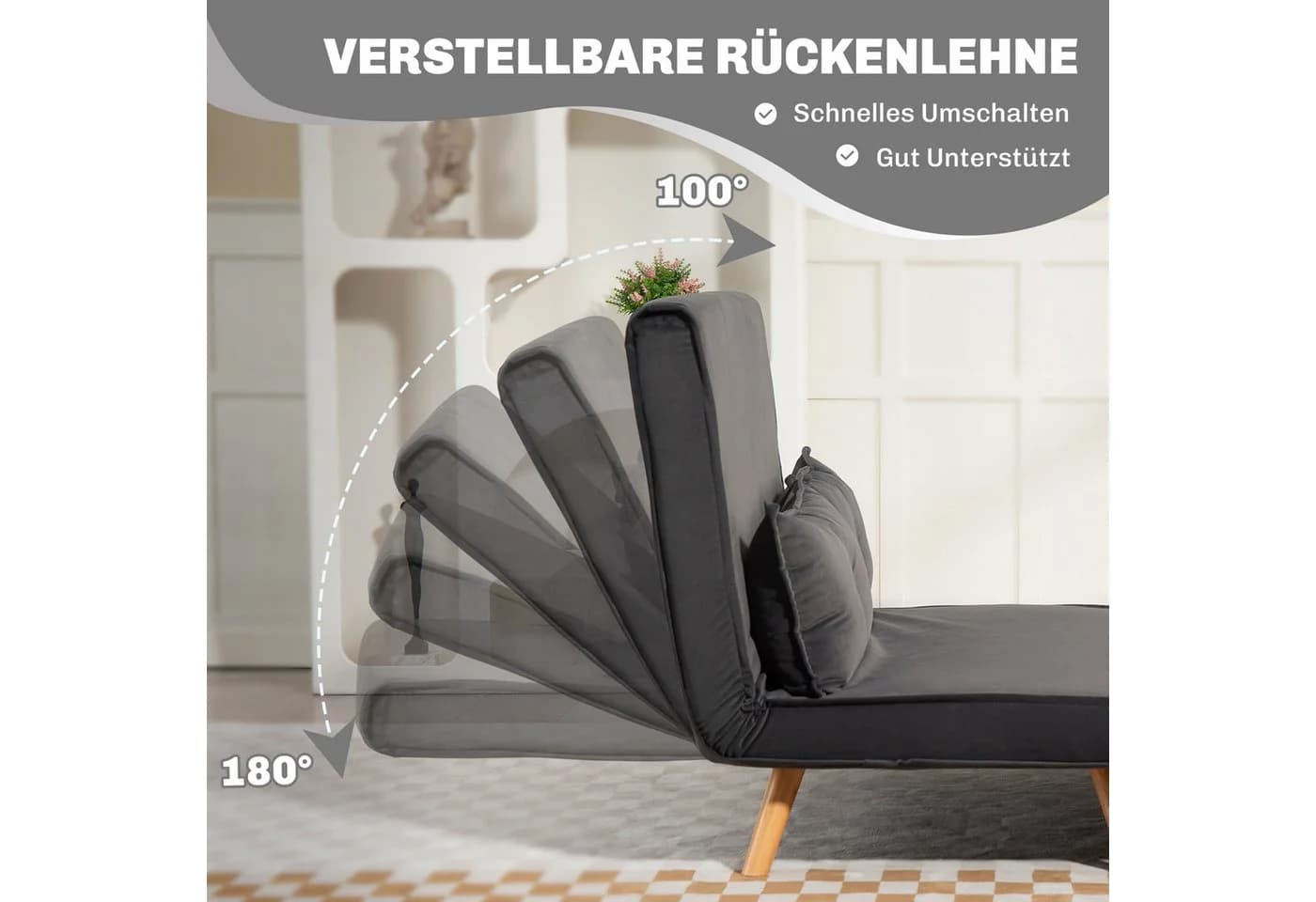 HOMCOM Schlafsofa 2 Sitzer Sofa mit 5-stufig Verstellbarer Rückenlehne, Lendenkissen, Schlafcouch 190 x 120 cm, für Wohnzimmer, Dunkelgrau - Bild 5