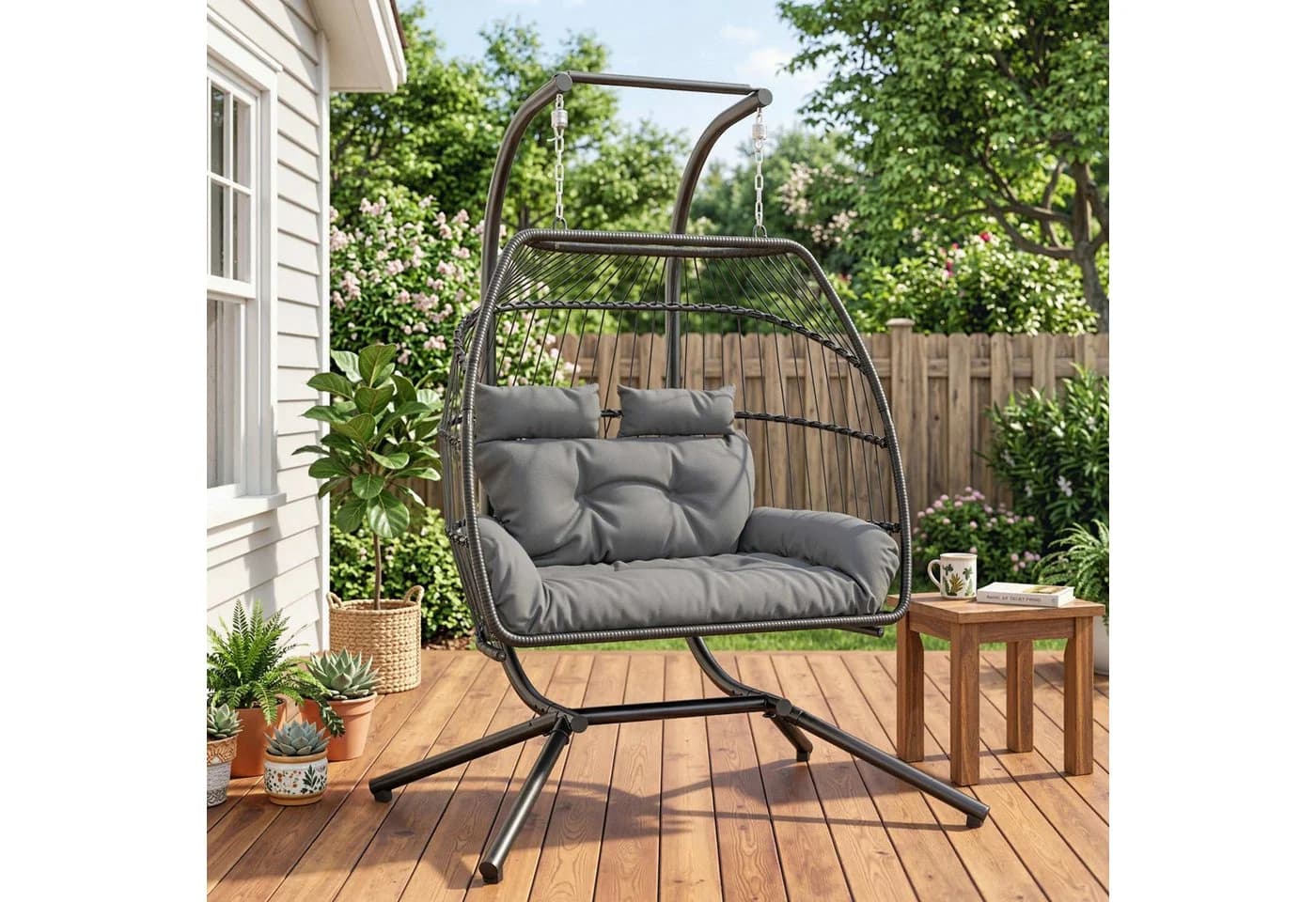 Outsunny Hängestuhl Grau 2 Personen Rattan mit Kissen - Bild 2