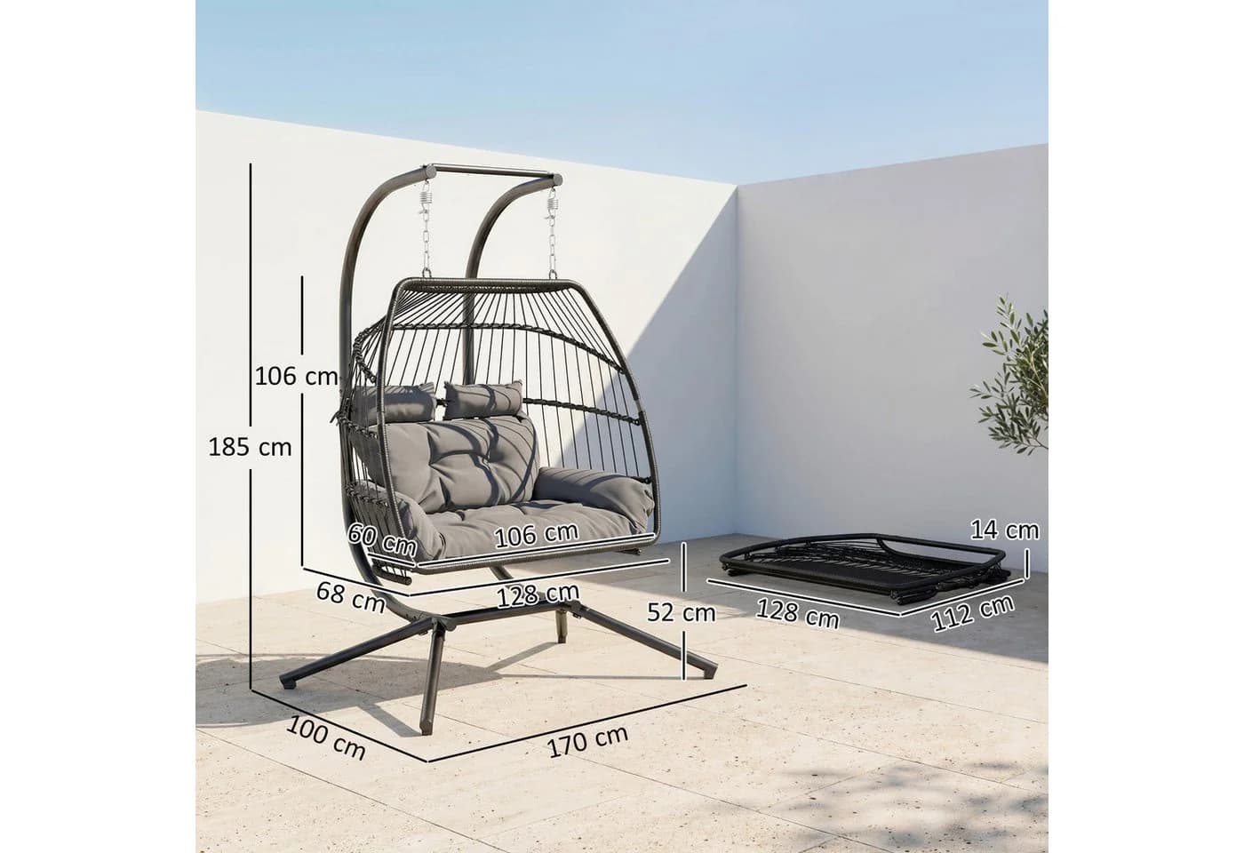 Outsunny Hängestuhl Grau 2 Personen Rattan mit Kissen - Bild 3