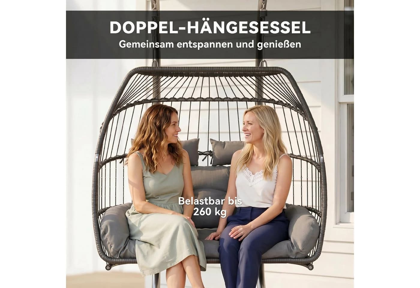 Outsunny Hängestuhl Grau 2 Personen Rattan mit Kissen - Bild 4