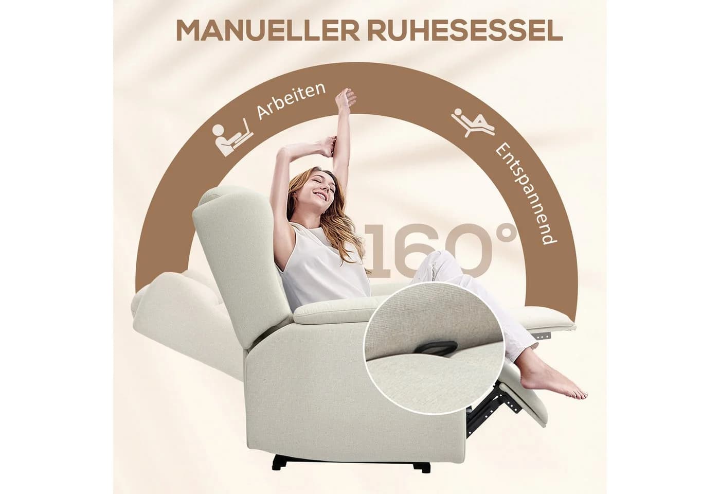 HOMCOM Relaxsessel Beige mit Liegefunktion und Taschenfederkern - Bild 4