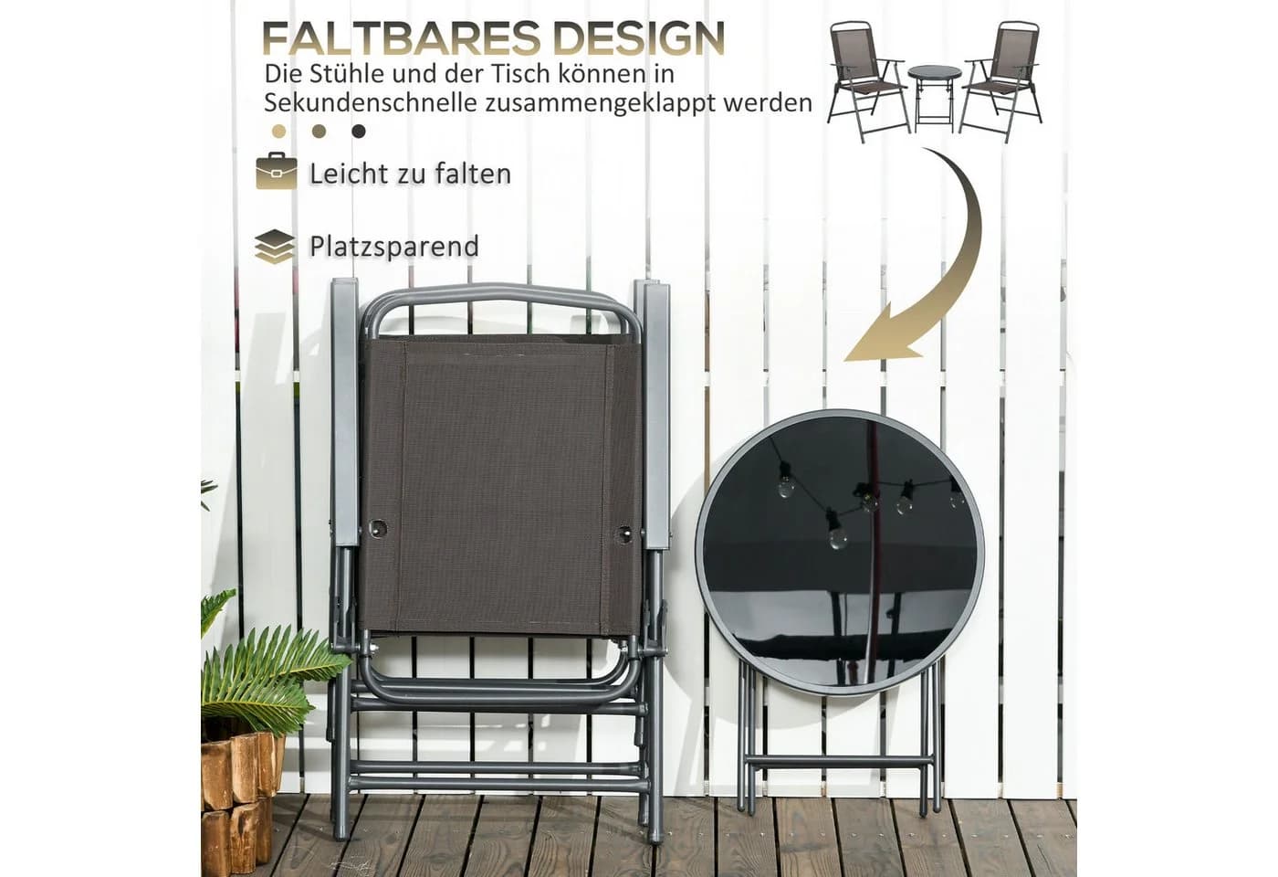 Outsunny Balkonset 3-teilig Braun Metall mit klappbarem Glastisch - Bild 4