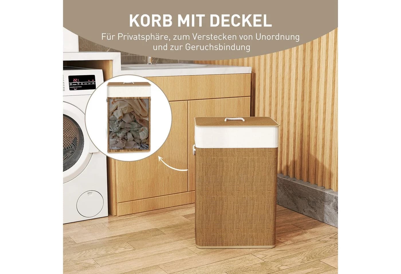 HOMCOM Wäschekorb mit Deckel, Seilgriffen, herausnehmbarer Wäschesack Bambus - Bild 5