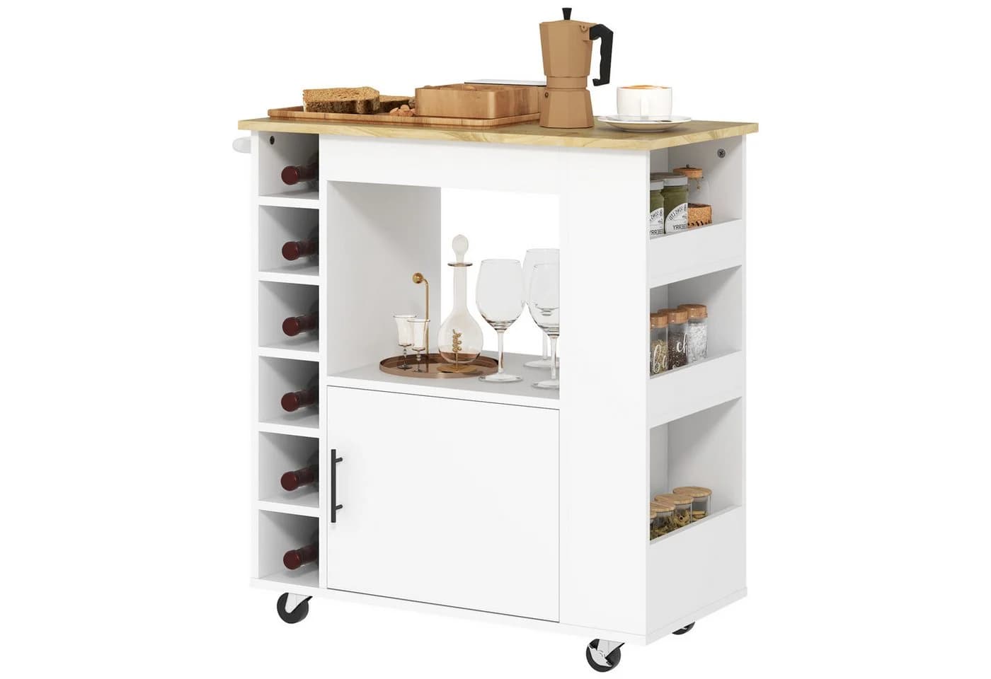 HOMCOM Küchenwagen mit Schrank, Arbeitsplatte, Ablagen, Weinregalen, Eiche