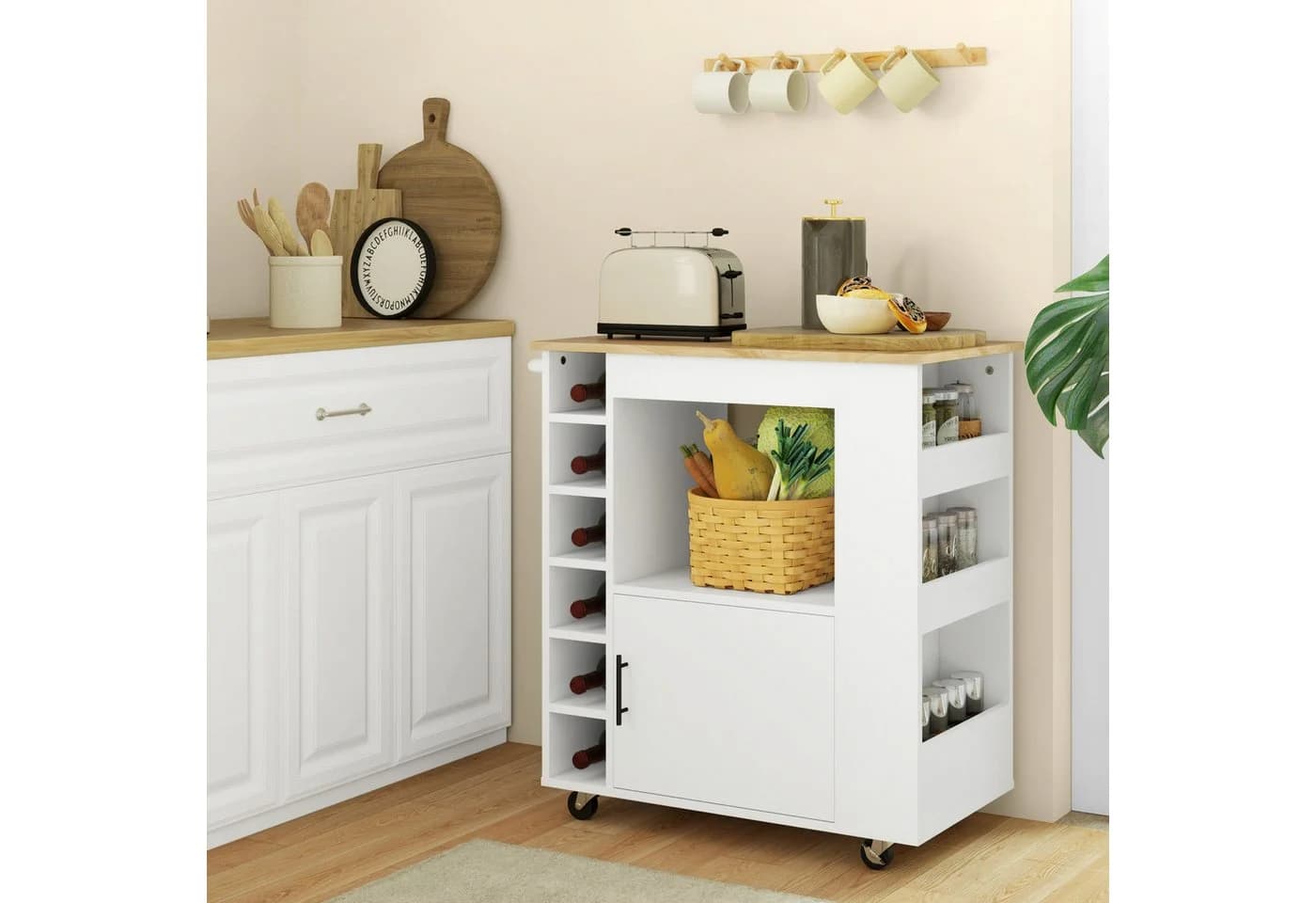 HOMCOM Küchenwagen mit Schrank, Arbeitsplatte, Ablagen, Weinregalen, Eiche - Bild 2