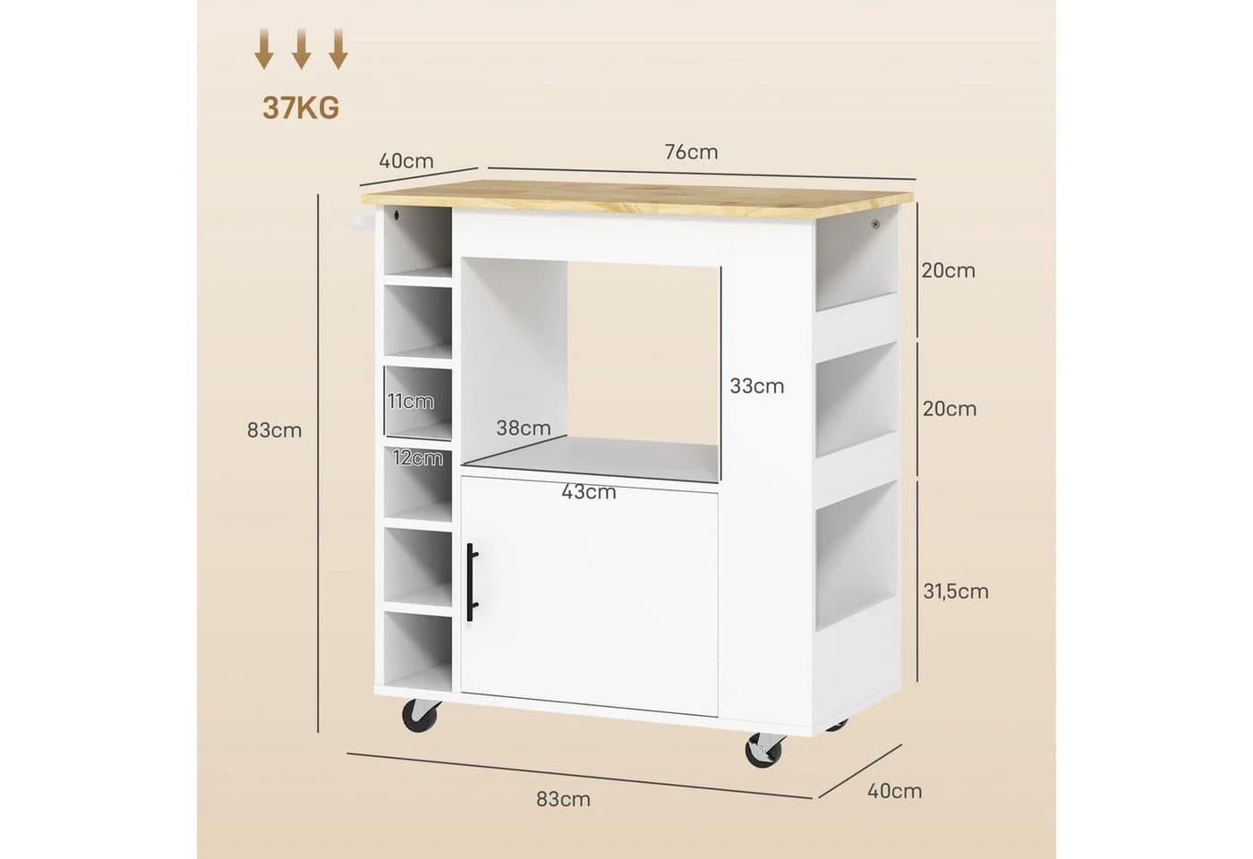 HOMCOM Küchenwagen mit Schrank, Arbeitsplatte, Ablagen, Weinregalen, Eiche - Bild 3