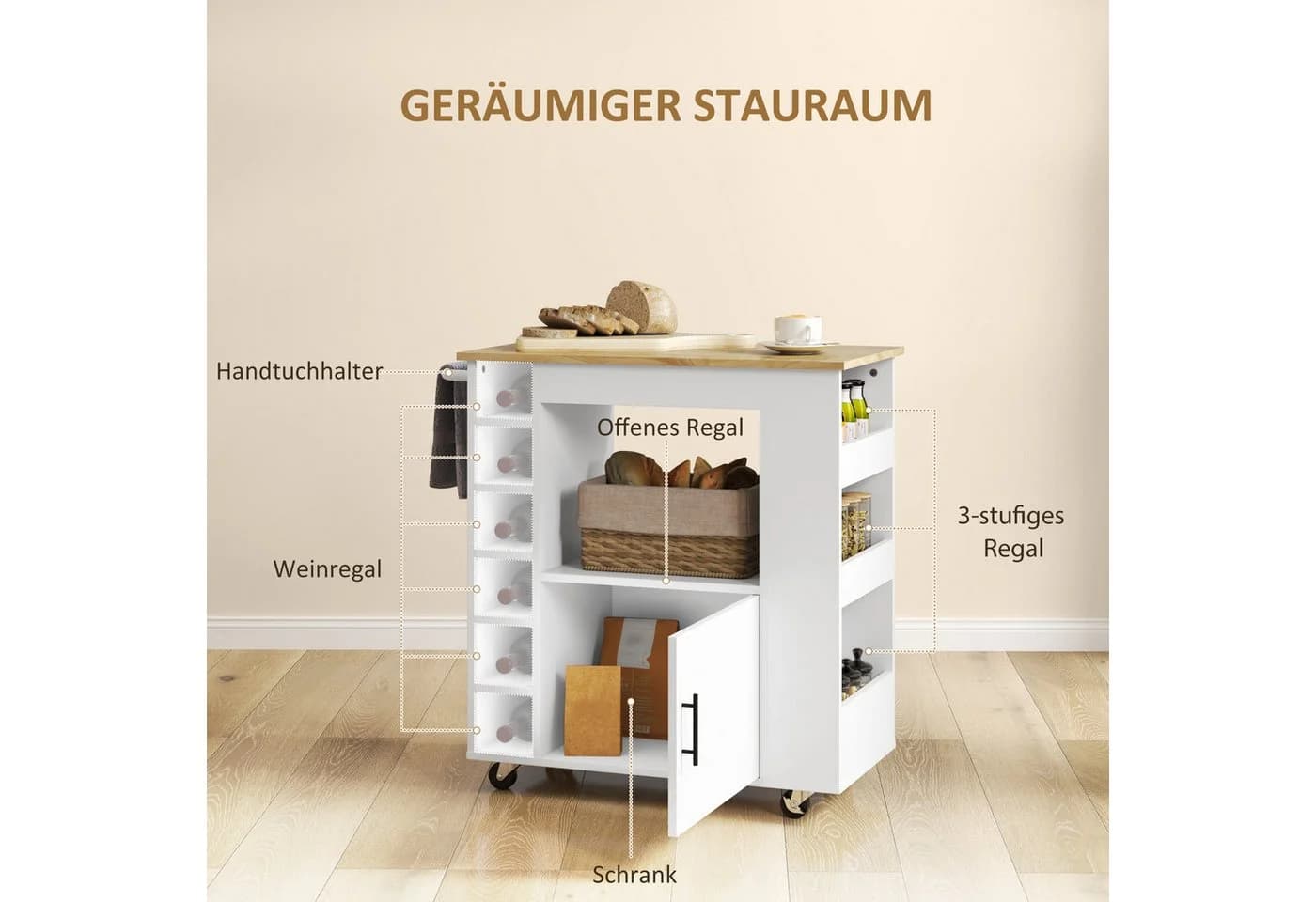 HOMCOM Küchenwagen mit Schrank, Arbeitsplatte, Ablagen, Weinregalen, Eiche - Bild 4