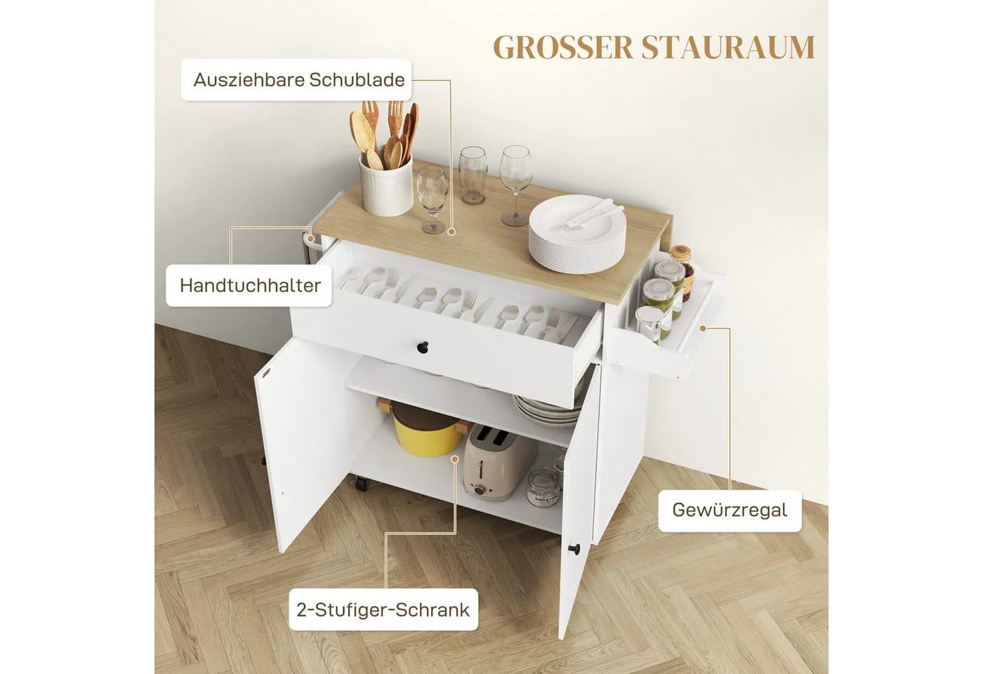 HOMCOM Kücheninsel Servierwagen Klappbare Arbeitsplatte Weiß - Bild 5