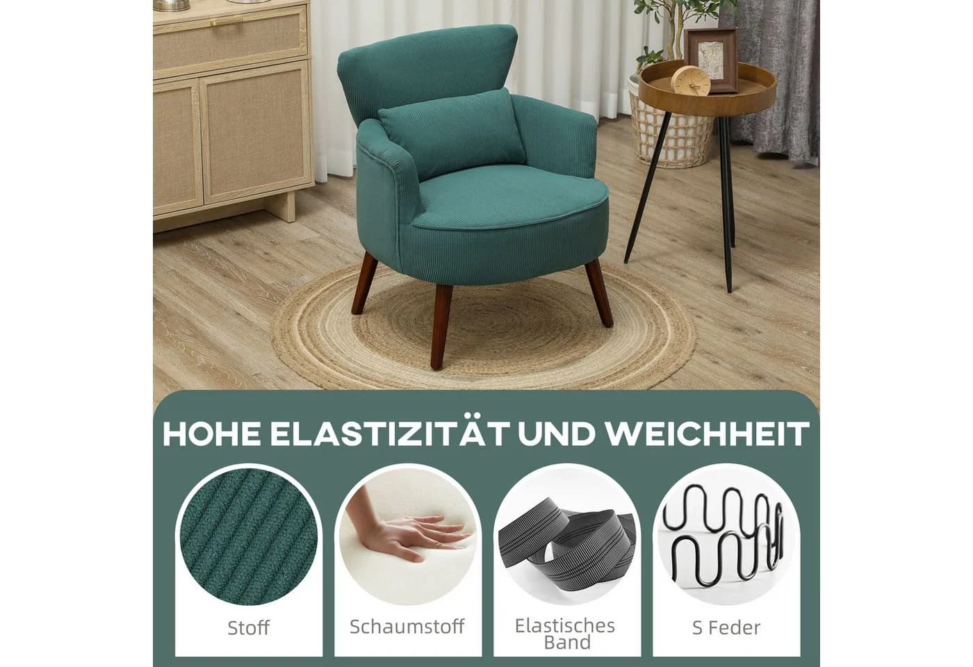 HOMCOM Sessel Dunkelgrün mit Rückenlehne und Holzbeinen - Bild 4